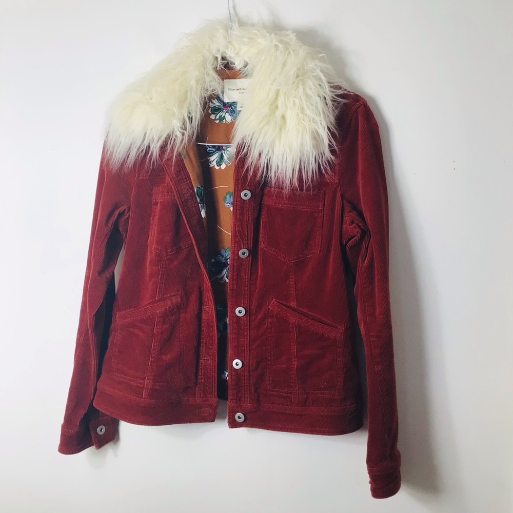 Pilcro and the Letterpress Red Corduroy Jacket with Cream Faux Fur Collar